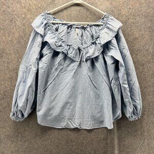 Free People Blouse Womens Small Blue Long Sleeve Off Shoulder Ruffle Boho Top